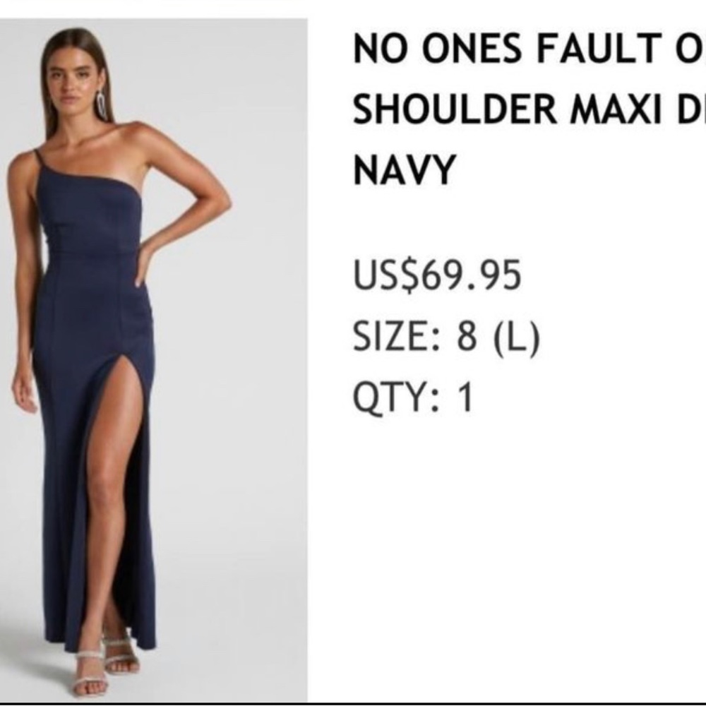 Selling a Showpo navy one shoulder formal dress. Size 8 (L). Floor length dress